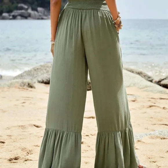 Green Boho Womens Wide Leg Ruffle Hem Pants - Picture 3 of 5